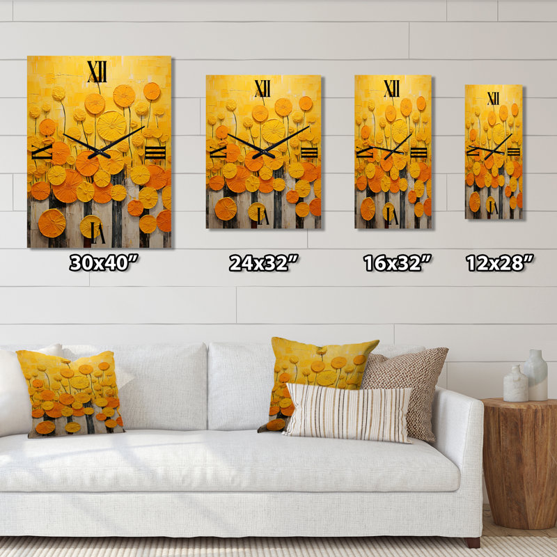 Yellow Flowers Pottery Garden I - Boho Pottery Modern Wall Clock, Medium