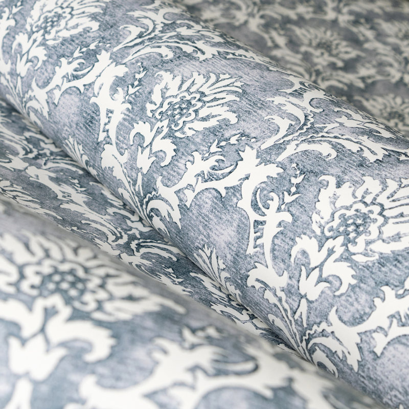 Azulejo Distressed Floral Damask 33' L x 21" W Wallpaper Roll, Chalky Blue