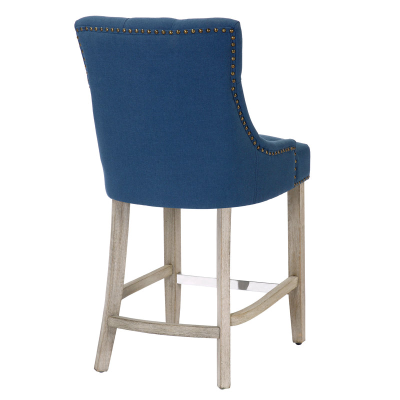 Linen Fabric Tufted Upholstered Counter Stool, Counter Stool (24” Seat Height), Teal Linen/Antique Gray Frame