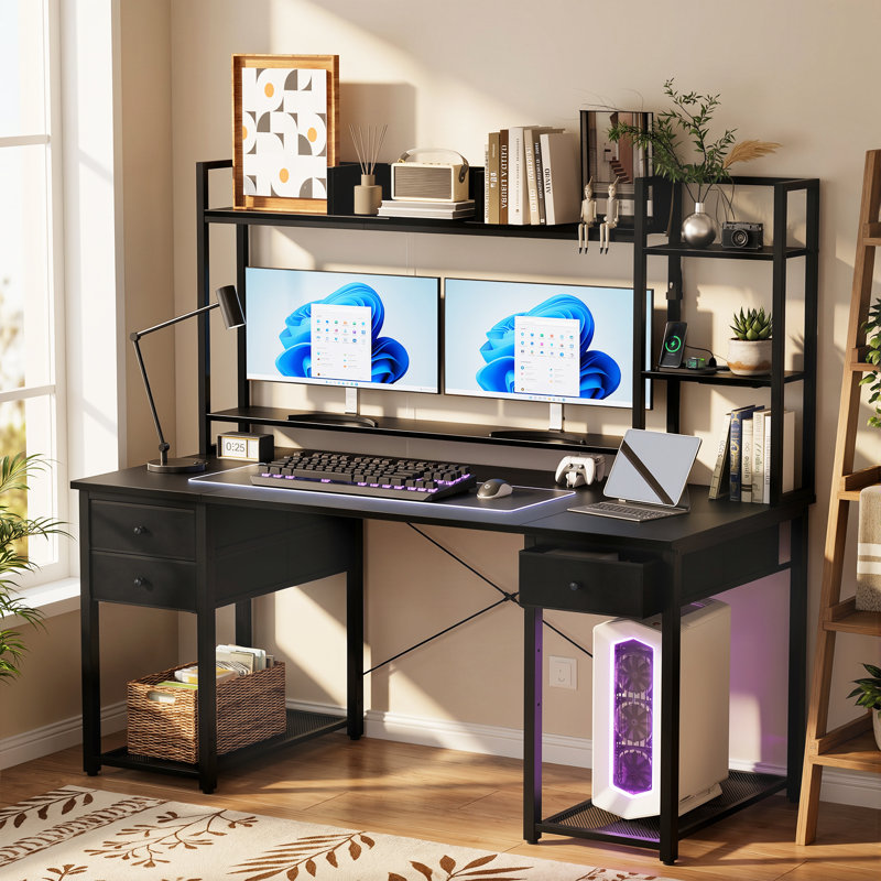 Mugdha Modular Iron Computer Desk with Built-In Electrical Outlet, 59" H x 55.2" W x 18.9" D, Black