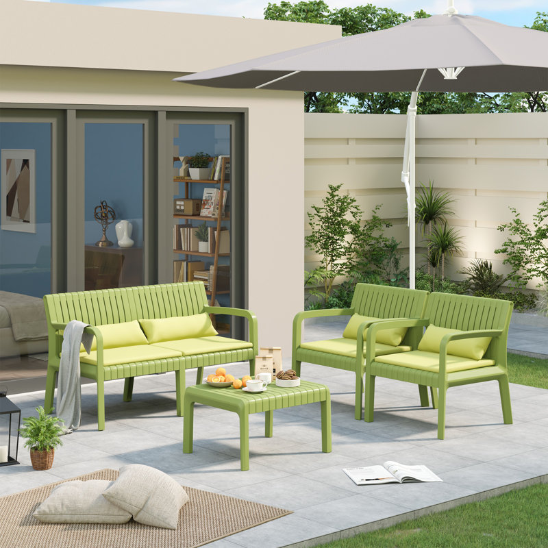 Ensemble de conversation d'extérieur 4 personnes avec coussins et table basse, Vert