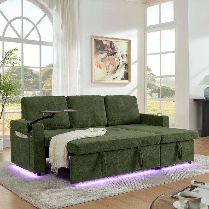 Lit escamotable à 3 places en chenille avec table rétractable, lumières à DEL, charge et éclairage d'appoint moderne au design confortable, porte-gobelets pour les loisirs