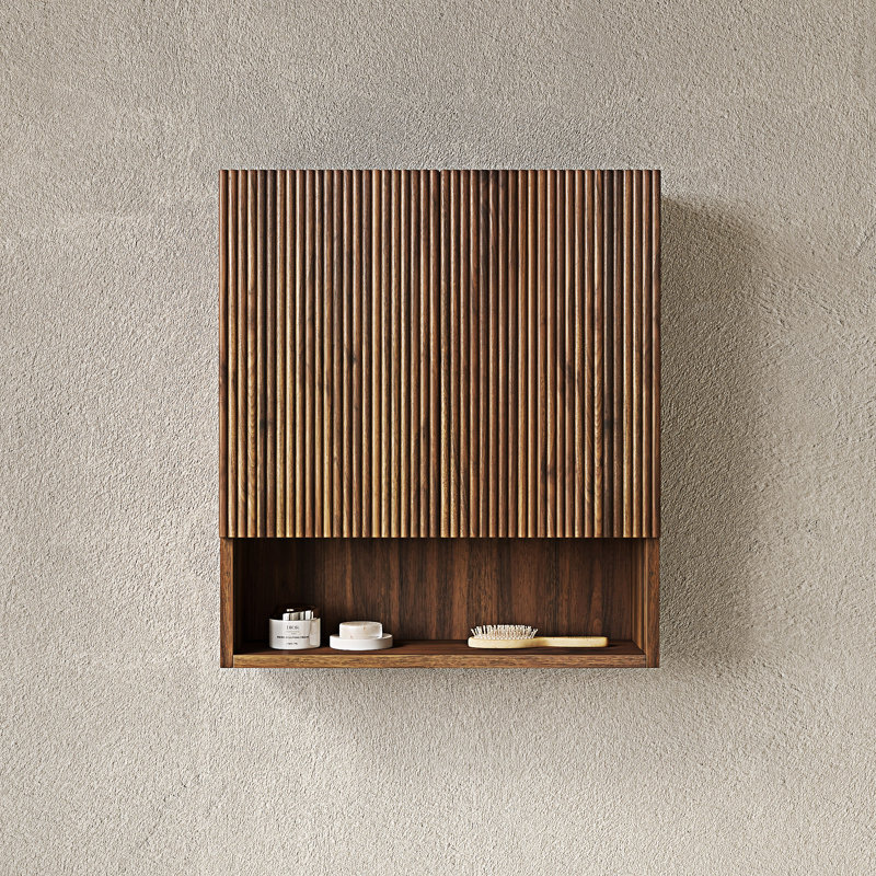 Wall-Mounted Striped Bathroom Cabinet, Dark Walnut