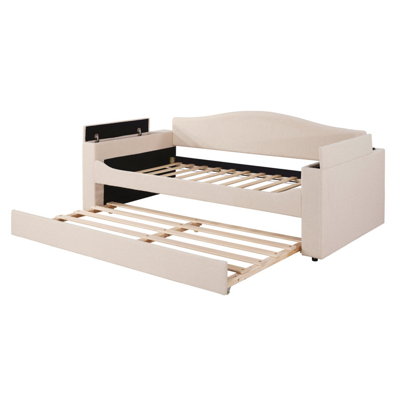 Twin Size Upholstered Daybed With Storage Armrests, Trundle And Latest Integrated Bluetooth Audio System, Teddy Fleece, Beige
