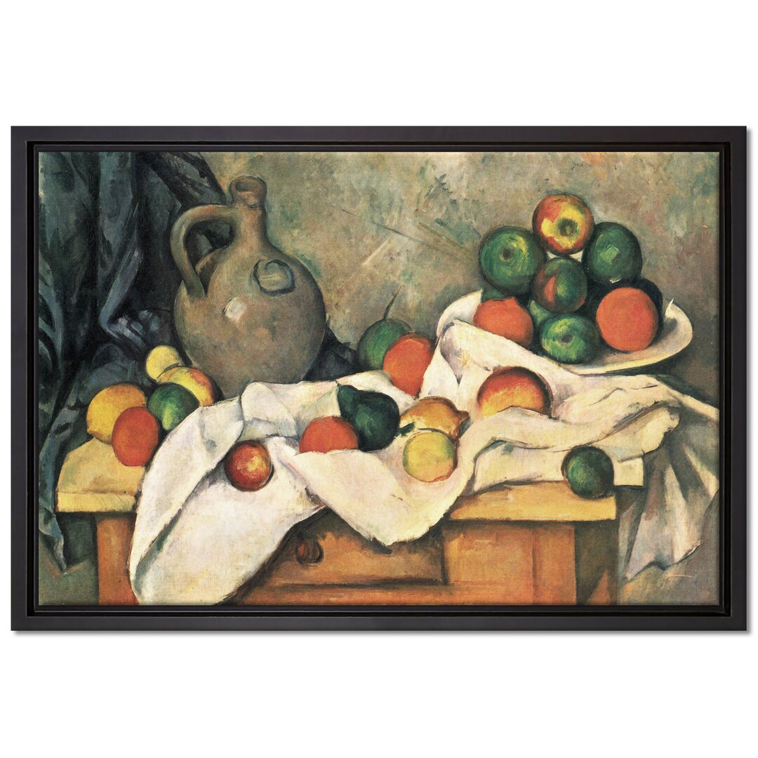 Gerahmtes Leinwandbild Stillleben mit Vorhang, Krug und Obstschale von Paul Cézanne