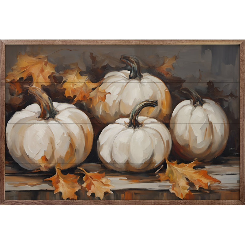 Four White Pumpkins With Leaves Black, 24" H x 36" W x 1" D
