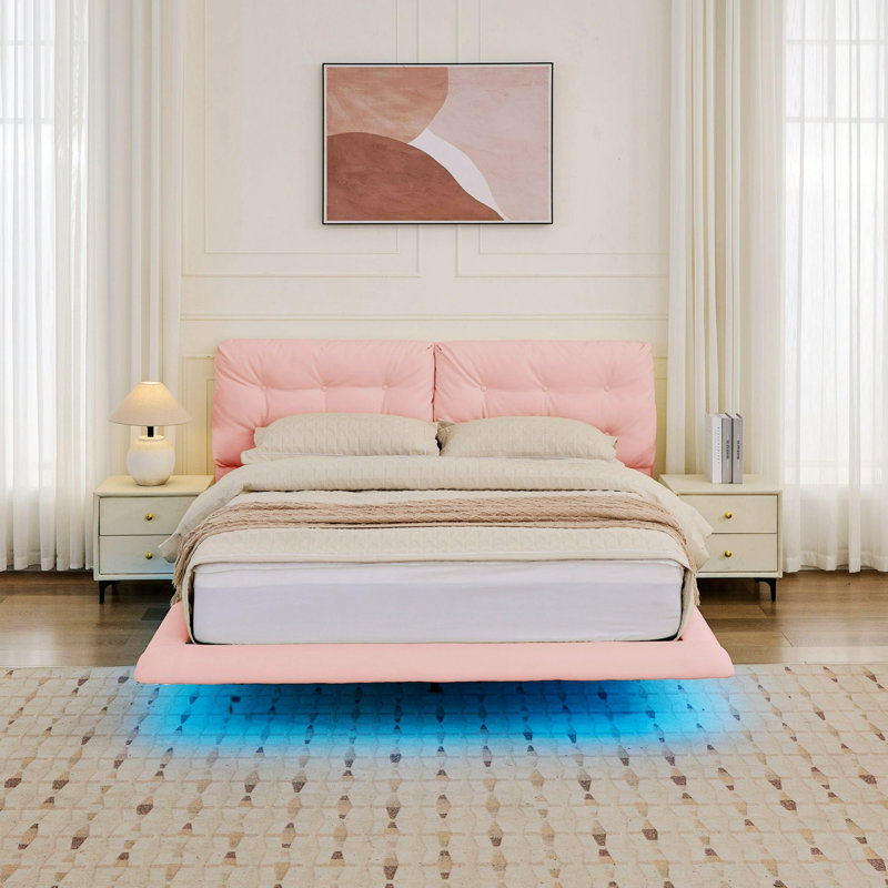 Cadre de lit rembourré avec lumières DEL et tête de lit capitonnée, Grand lit, Rose