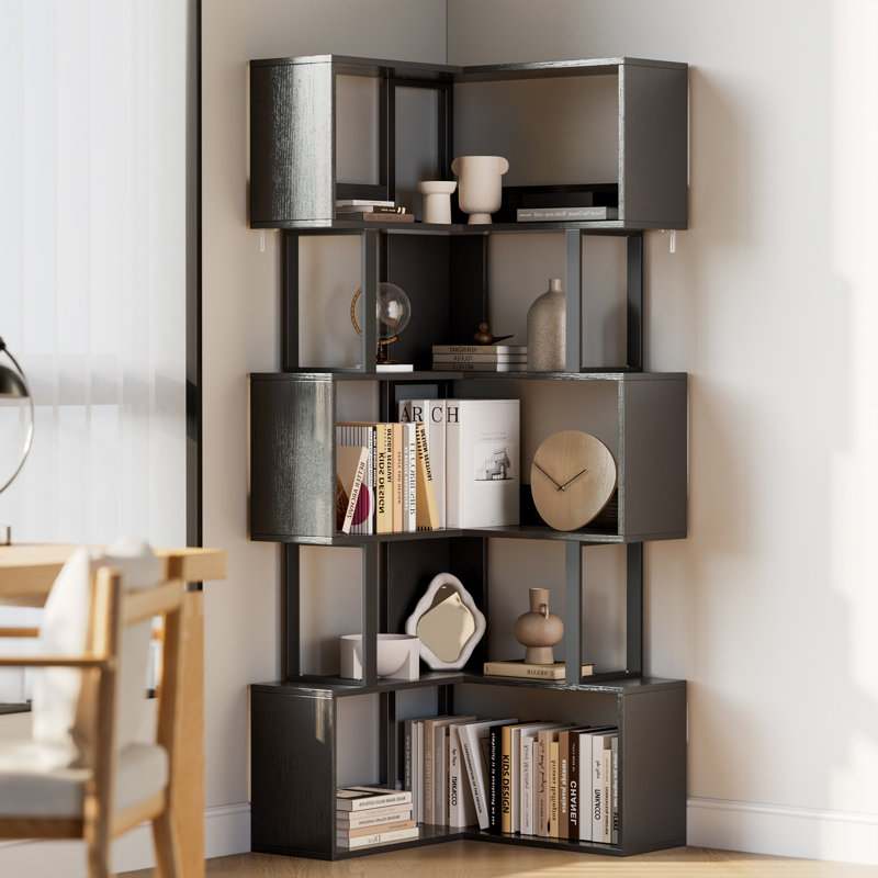 Space-Saving L-Shaped 6-Tier Corner Bookshelf, Black