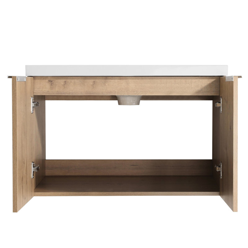 Meuble-lavabo moderne de 30 pouces avec lavabo en résine - tablette ouverte, portes à fermeture douce, spacieux, imitation chêne flottant, contreplaqué, moderne, rangement spacieux