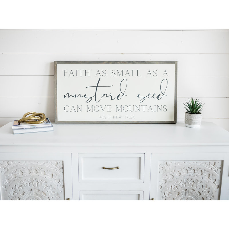 Faith As Small As A Mustard Seed Wood, art mural encadré, H 18 po x l 36 po x P 1,5 po, Blanc doux, Gris