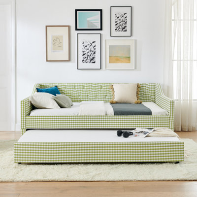 Lit de jour pleine grandeur, lit de jour convertible rembourré avec dossier capitonné, canapé-lit polyvalent 3 en 1 avec lit gigogne escamotable et rangement latéral, parfait pour les espaces verts compacts
