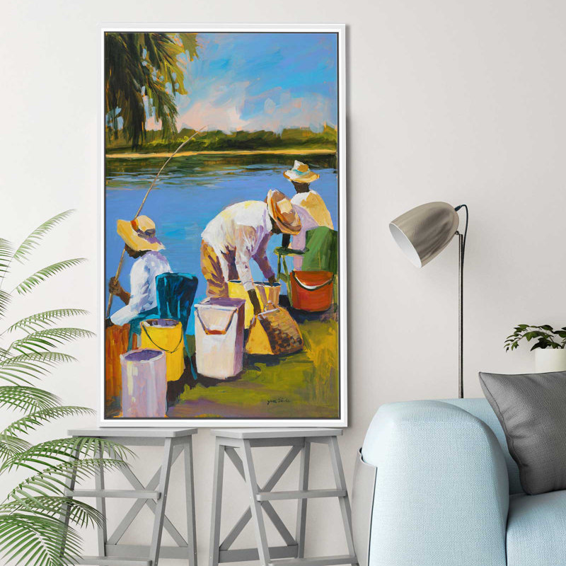 " Fishing I " by Jane Slivka, 63.5" H x 39.5" W x 2" D, White Floater Frame