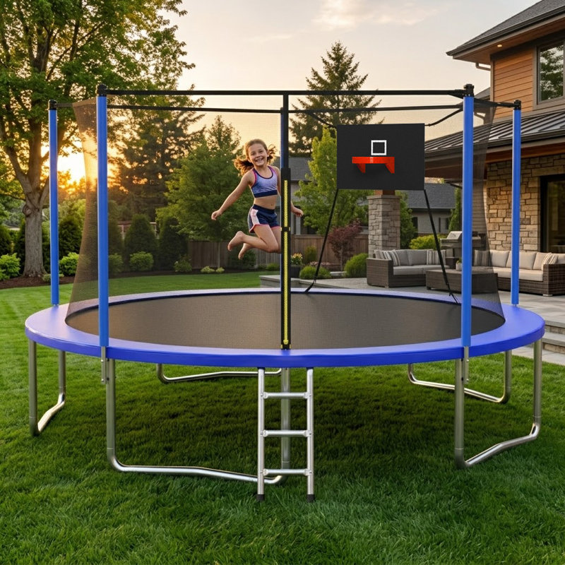 Trampoline extérieur de 14 pi avec filet de sécurité, trampoline de cour pour enfants et adolescents, Bleu