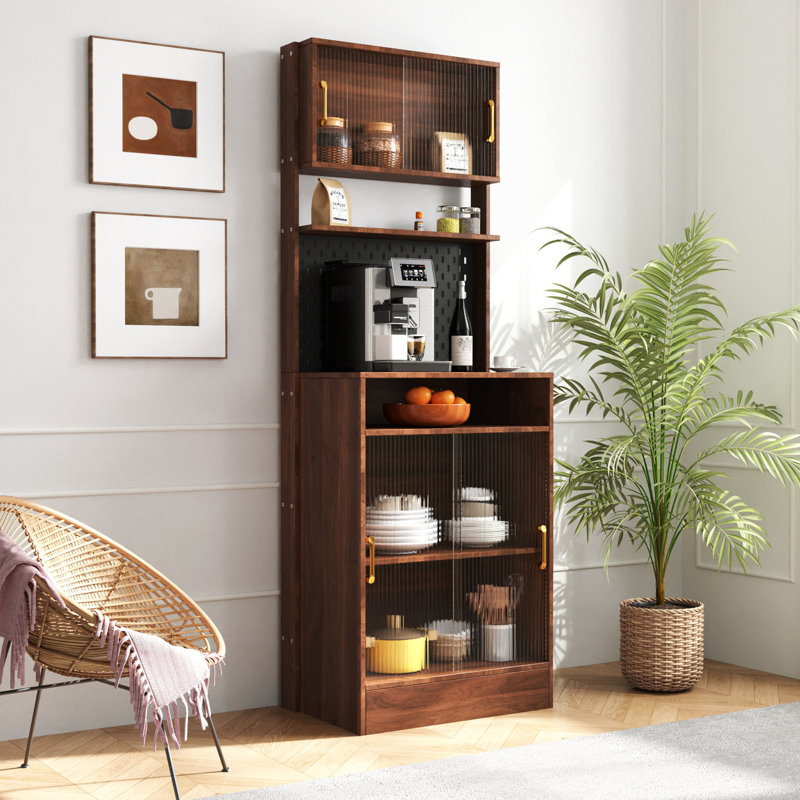 Buffet de cuisine avec 2 portes coulissantes en verre rayé, armoire de rangement autoportante pour bouteilles, vin, machine à café, four à micro-ondes, etc.