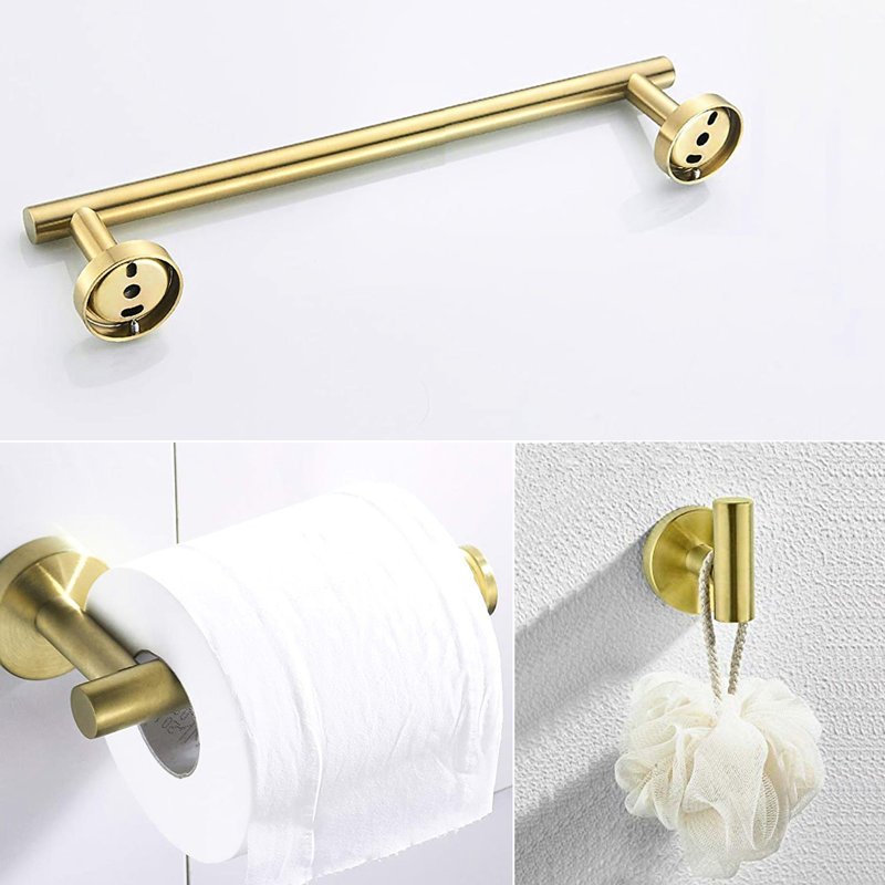 Gold Sus304 Stainless Steel 3 Bathroom Hardware. Rust- Bath Shower . Includes Towel Bar, Toilet Paper Holder, Robe Hook. Contemporary Design With Scratch- Finish. Simple Installation Included