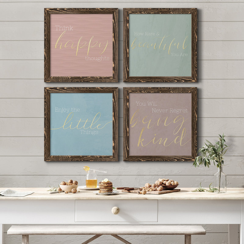 Pensées heureuses - ensemble de 4 peintures sur toile encadrées, Encadré toile noyer, H 27,5 po x l 110 po x P 1,5 po