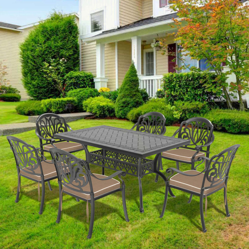 7-Piece Set Of Cast Aluminum Patio Furniture With Cushions, 7 Pieces: Table, 6 Chairs