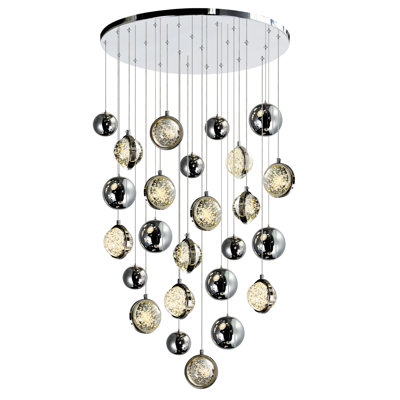 Lustre en nickel poli de 24 pouces avec abat-jour intégrés en verre bullé et à DEL - Idéal pour la salle à manger, la cuisine ou le vestibule