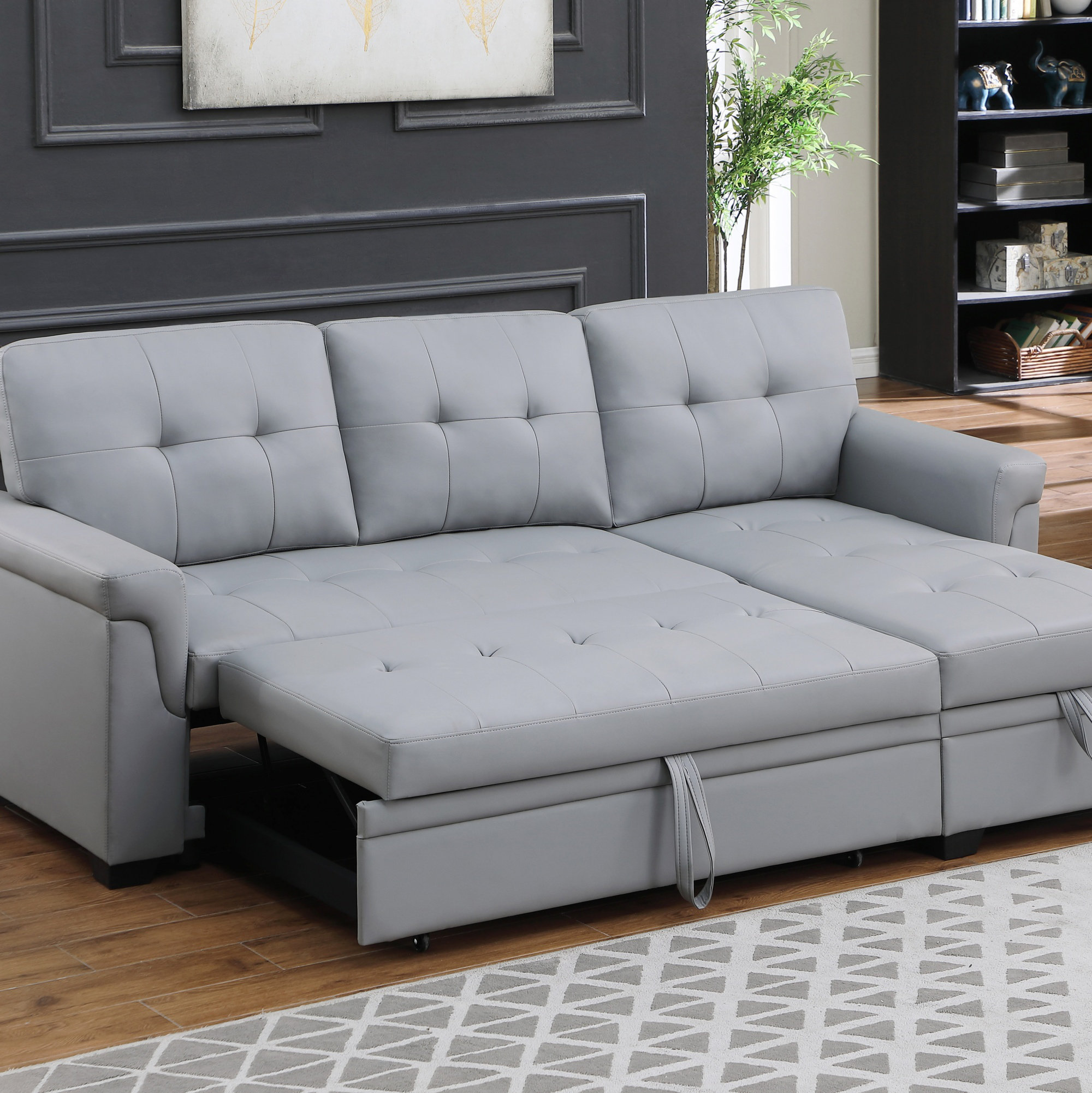 Ebern Designs Vegan Leather Modern Reversible Sleeper Sectional Sofa ...