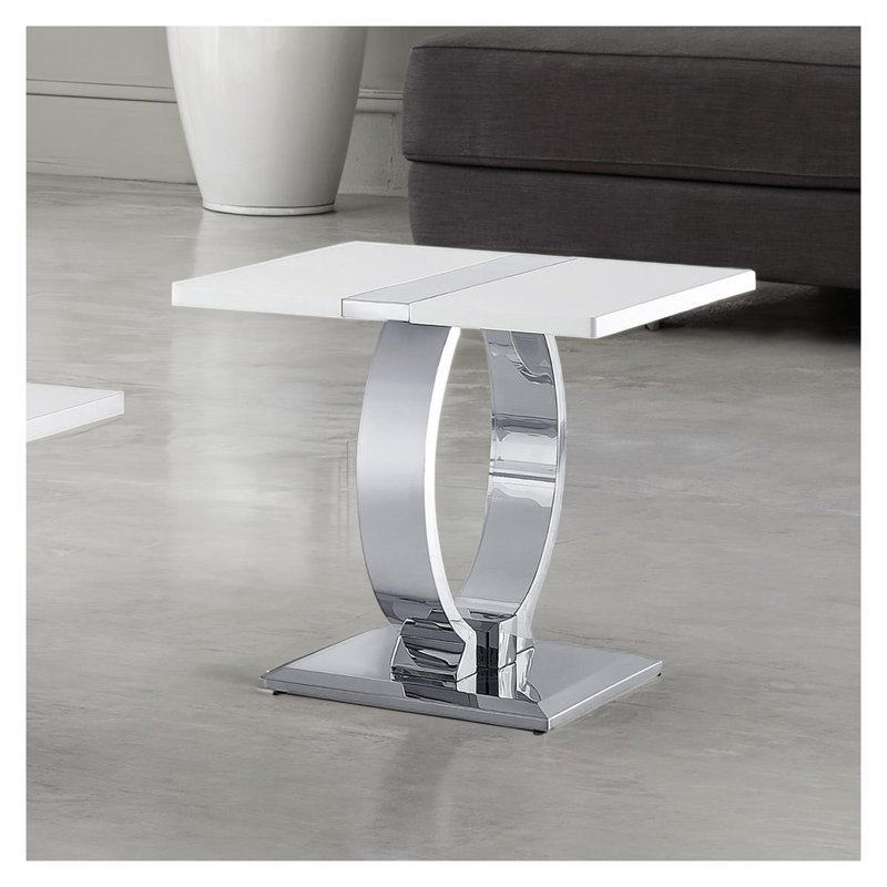 Table d'appoint carrée argentée et blanche avec piètement en forme de O, table d'appoint contemporaine en bois d'ingénierie et acier pour salon