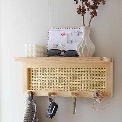 Rattan Key Holder With 4 Key Hooks,Wall Mounted Decorative Floating Shelf For Entryway,Nursery,Mudroom, Hallway, Office