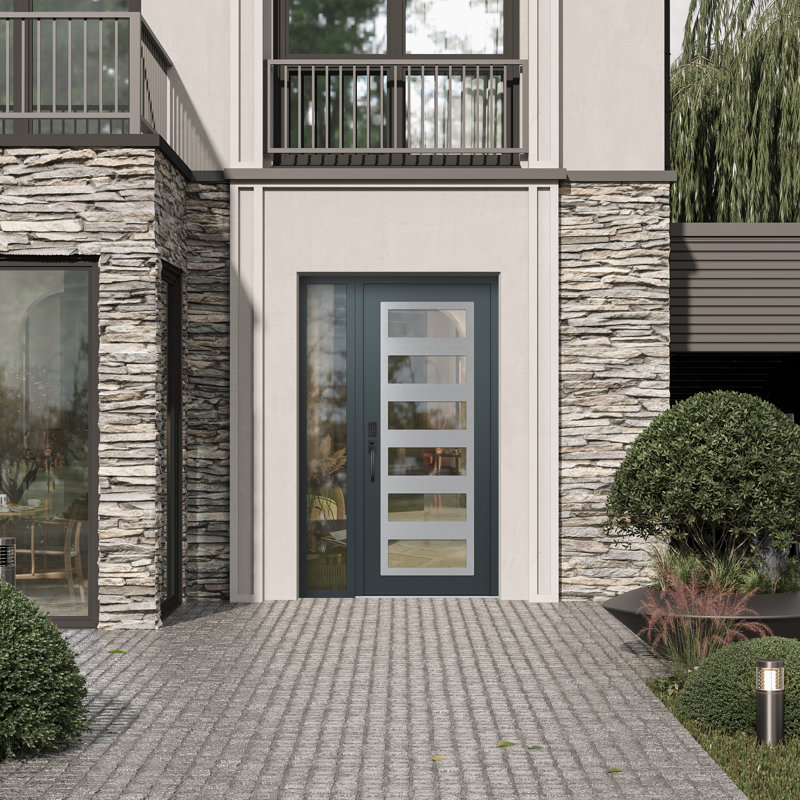 C9 droitier 48 po X 80 po Panneau d'entrée en acier argenté anthracite et verre transparent à panneau avec porte d'entrée avant en verre transparent Sidelite