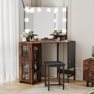 Ensemble de coiffeuse de coin avec miroir lumineux à DEL, station de charge, armoire de rangement, tabouret - coiffeuse de chambre à coucher, Tigerwood, miroir d'ampoule