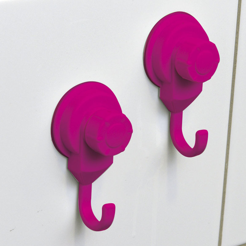 Pink Plastic and Metal Suction Cup Wall Hooks Set of 2