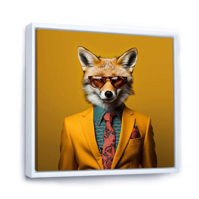 Jaune et orange habillé de renard, mode II, Cadre flottant blanc, H 30 po x l 30 po x P 1,5 po