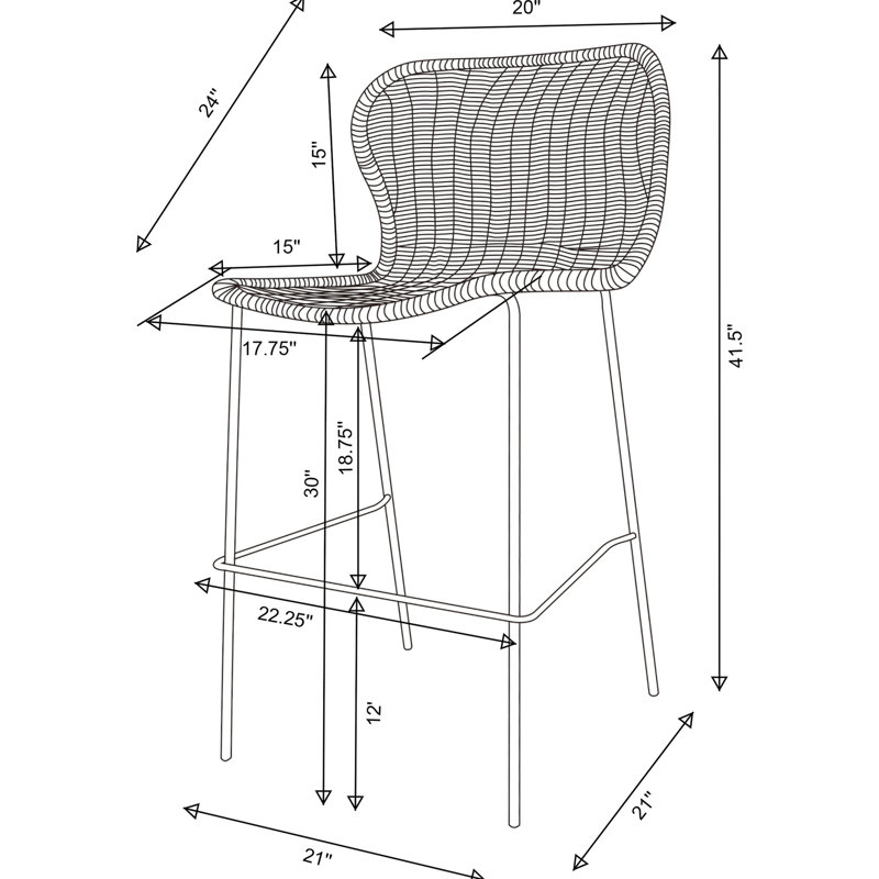 De 2 tabourets de bar en faux métal brun, 21,74 po de largeur, fonctionnels pour les tabourets de salle à manger - 2, profondeur 24, structure