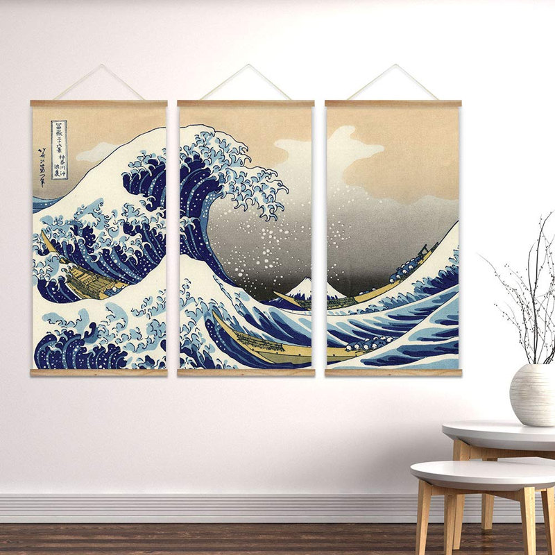 Célèbre œuvre d'art suspendue, affiche avec cadres en bois, art traditionnel japonais «The Great Wave Off Kanagawa» par Hokusai
