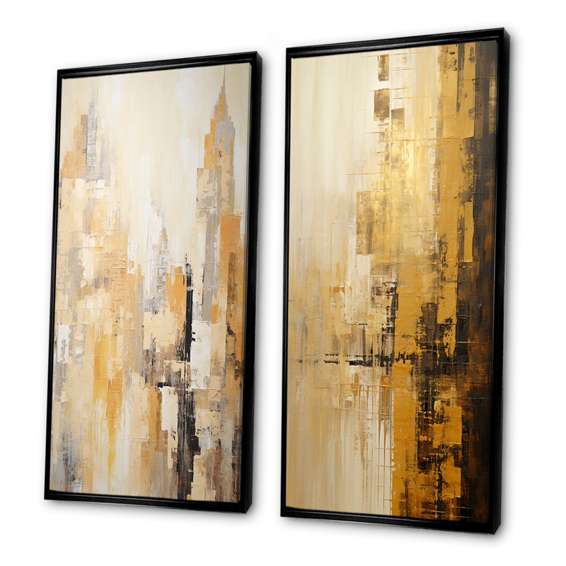 Ensemble de 2 décorations murales abstraites modernes Skycraper Golden, Cadre noir, H 32 po x l 33 po