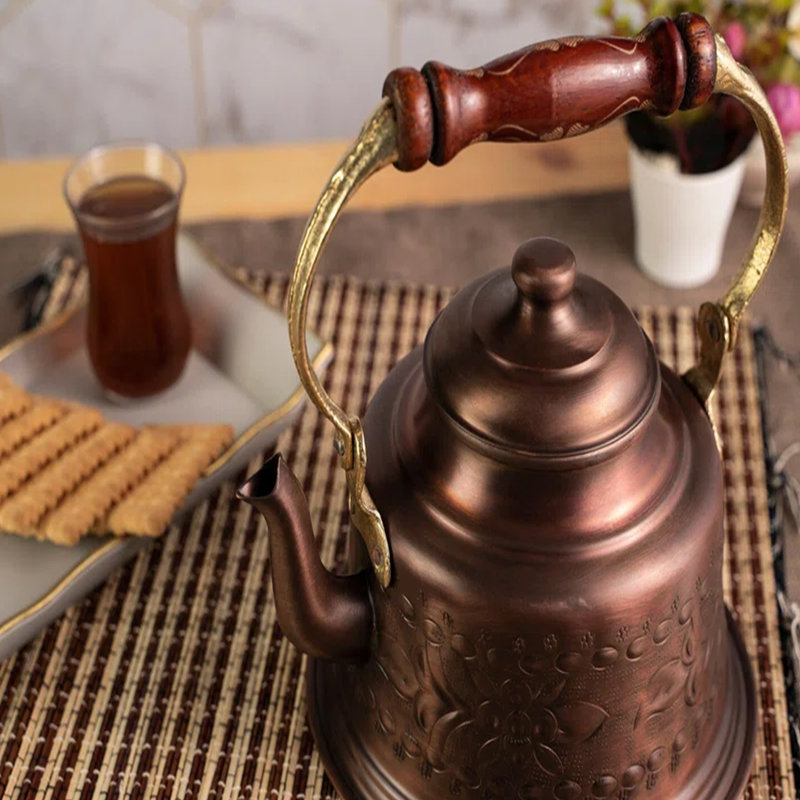 ALFIQ Handcrafted Engraved Copper Teapot, Hammered Solid Copper Stovetop Tea Kettle, 1.5 L, Brown