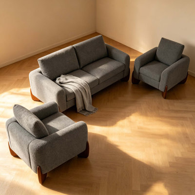 Modern 3-Piece Living Room Sofa Set, 1 Loveseat + 2 Armchairs Configuration, Soft Bouclé Fabric Upholstery, Pinewood Frame & Rubberwood Legs, Comfortable Modular Furniture (Coffee Table Not Included)