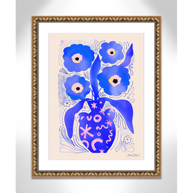 «Blue Flowers Matisse» par Bloom, Imprimé mat, Perles de feuilles dorées, L 24,5 po x H 30,5 po