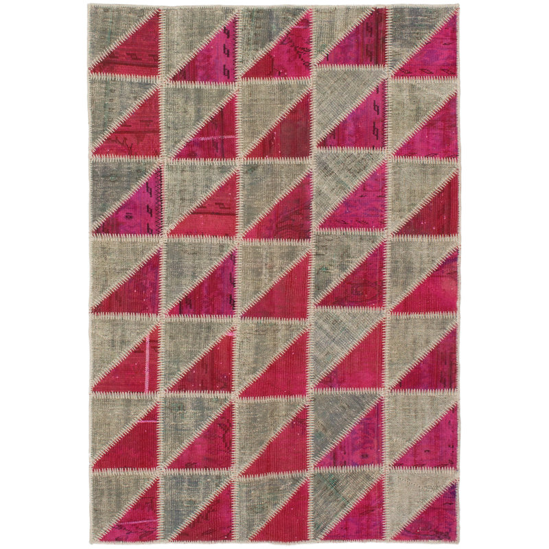 Tapis unique en laine noué à la main rose foncé / gris clair 4 pi 8 po x 6 pi 11 po années 2010 Arashdeep