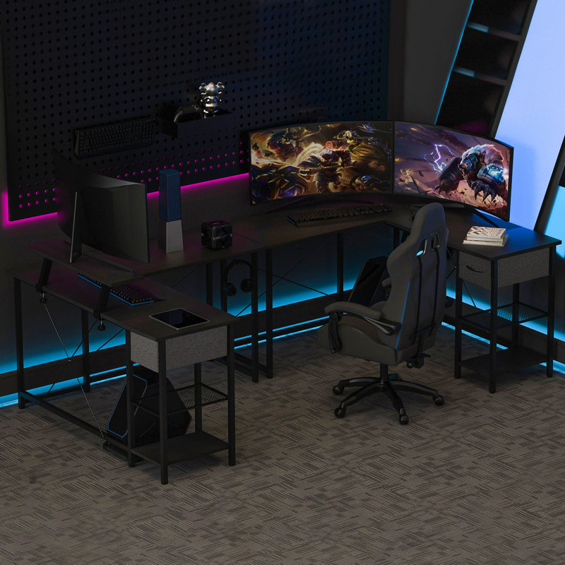 Ivanno Modular L-Shaped Stainless Steel Computer Desk, Black