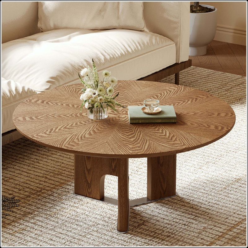 Table basse ronde avec placage en bois de frêne et finition naturelle