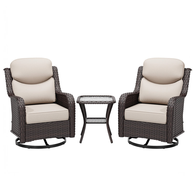Ensemble de patio extérieur en osier pour 2 personnes, 2 chaises pivotantes et 1 table d'appoint avec coussins, Beige