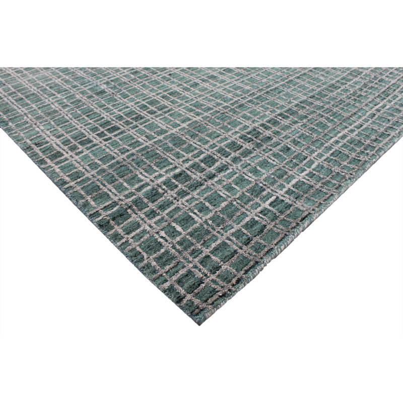 Hand Knotted Plaid Area Rug in Teal/Green, Rectangle 8' x 10'