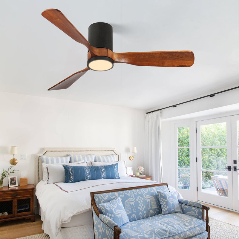 52 po Ventilateur de plafond à DEL encastré intérieur / extérieur noir mat avec pales en bois, télécommande CC 6 vitesses