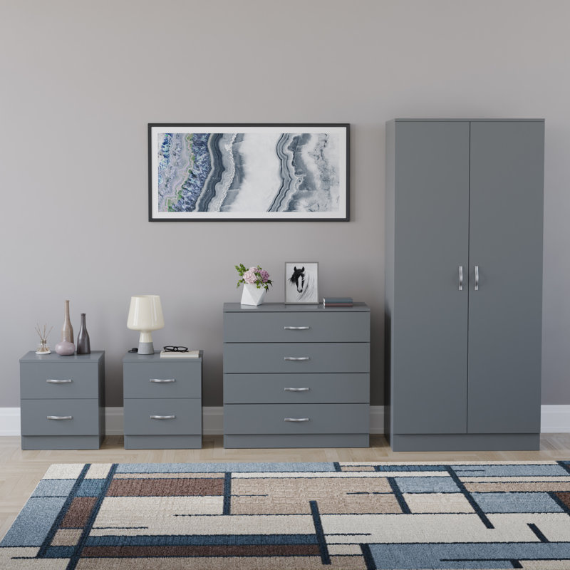Tayce 4 Piece Bedroom Set (2 Drawer Bedside Cabinet X2, 4 Drawer Chest, 2 Door Wardrobe), Grey