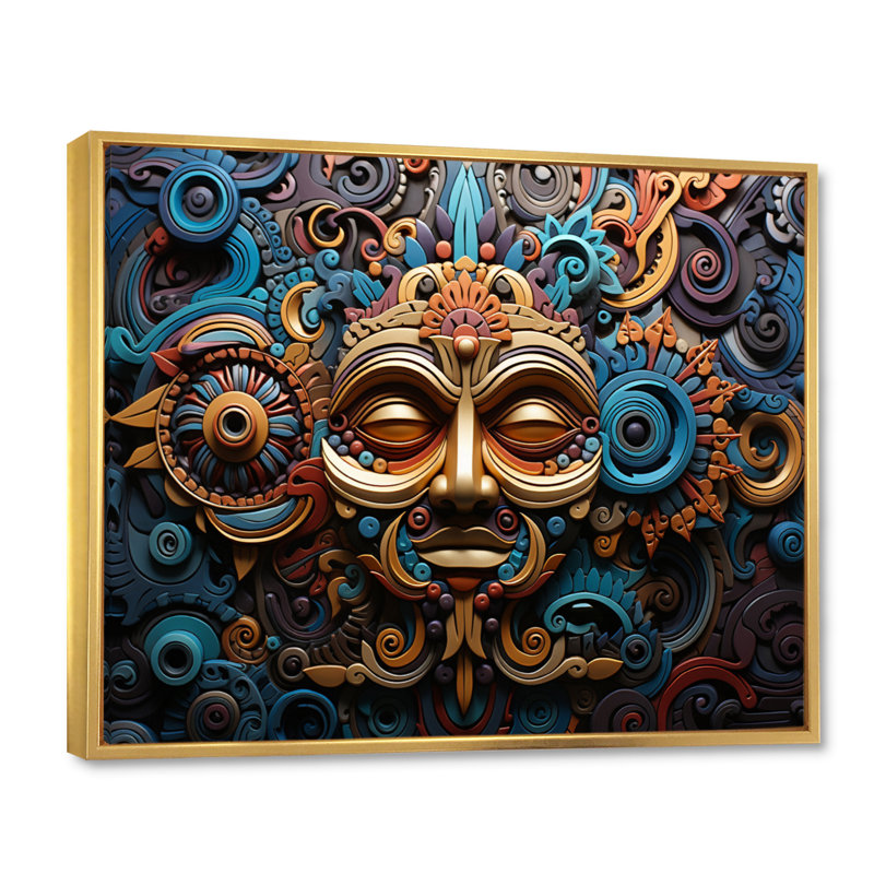 «Teal Gold Mexico Vibrant Aztec Mask I», reproduction sur toile, 24" H x 32" W, Cadre flottant doré