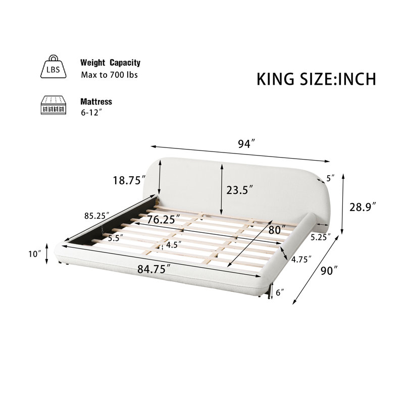 Upholstered Platform Bed with Rounded Headboard, Boucle Bed Frame with Wood Slat Support, Weight Capacity 700 lbs, No Box Spring Needed, White, King