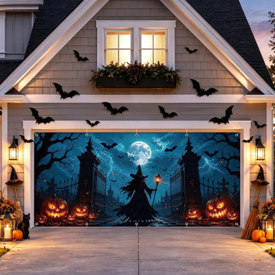 Décoration de porte de garage d'Halloween 7 x 16 pi, avec crochet magnétique et cordon élastique pour une installation facile, grande toile de fond pour porte de garage 2 portes
