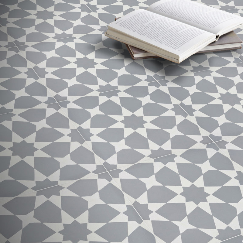 Medina 8" x 8" Cement Patterned Wall & Floor Tile, Gray/White