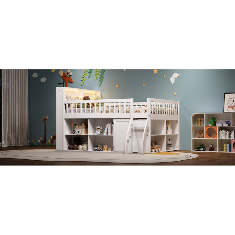 Full Size Loft Bed With Led Lighting And Storage Shelves, Safe Comfortable For White Headboard Storage, Modern Versatile ' Sleep Areas