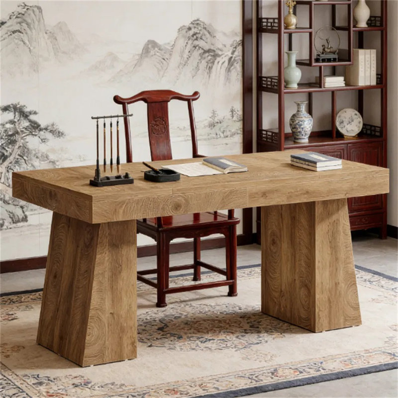 Bureau de direction moderne en bois de 55 pouces, bureau d'ordinateur de style Mid-Century avec double base trapézoïdale pour bureau à domicile, bureau, conférence