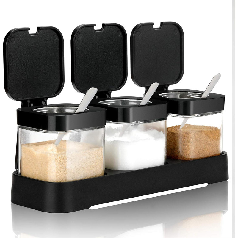 Condiment Jar Spice Container With Lids And Spoons,Clear Glass Condiment Canisters Pots Seasoning Box Salt Container Sugar Bowl Set Of 3 For Kitchen, Counter, Food Storage, Black