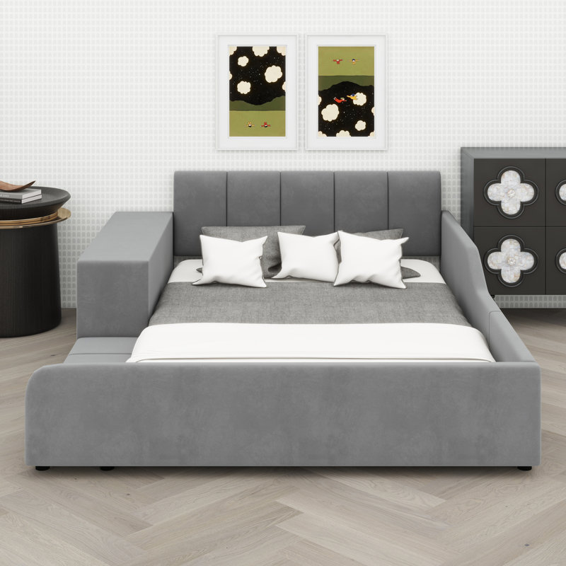 Upholstered Grounded Bed, Mother & Child Bed With Bedside Desk And Little Round Stool, Full, Gray